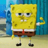 3D rendered SpongeBob SquarePants with a smug unimpressed expression flexing one arm in an underw...