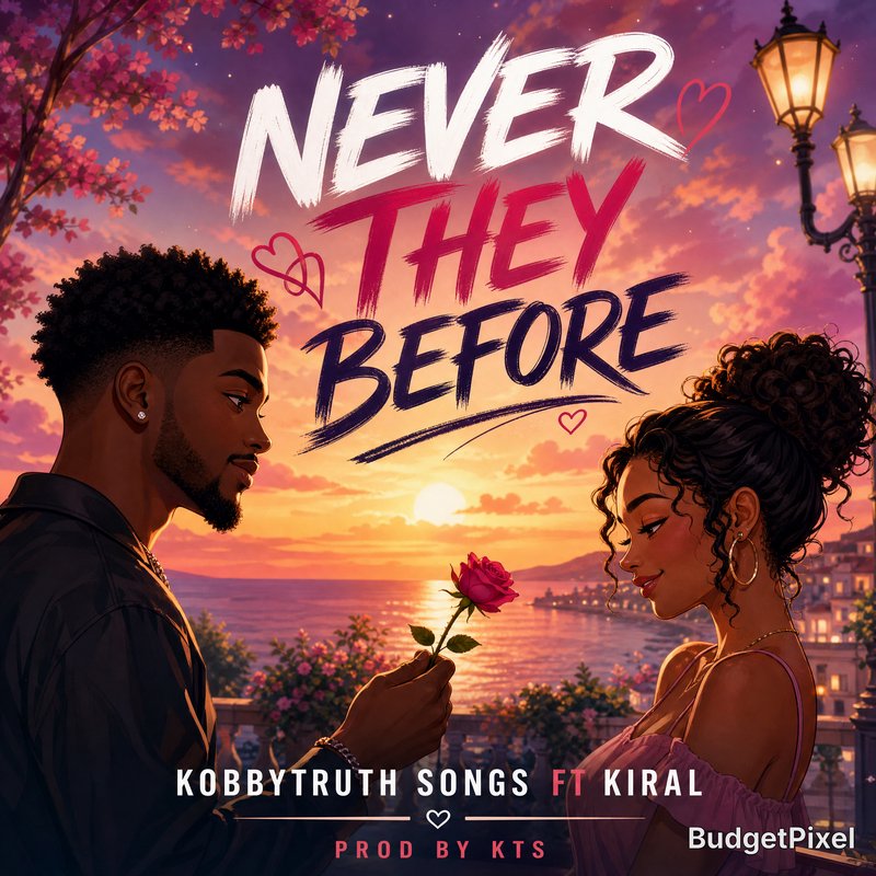 Illustrated couple at sunset by the sea; man hands a rose to the woman as the title “Never They Before” appears above.