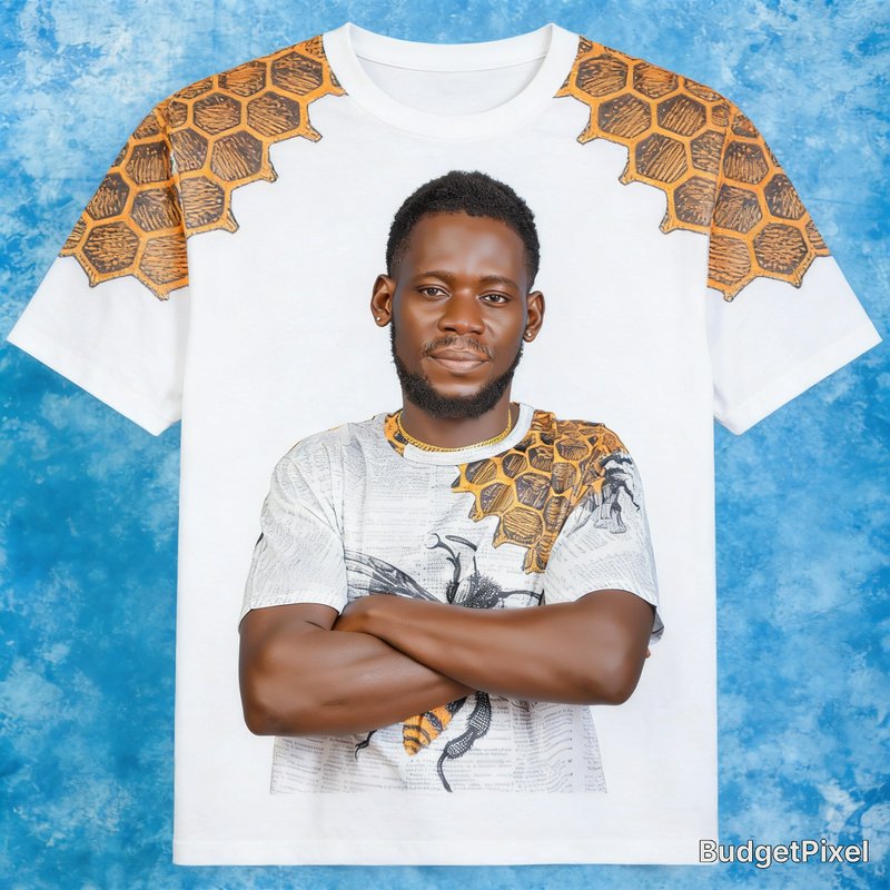 Man wearing a white T-shirt with honeycomb pattern across shoulders, posing with arms crossed aga...