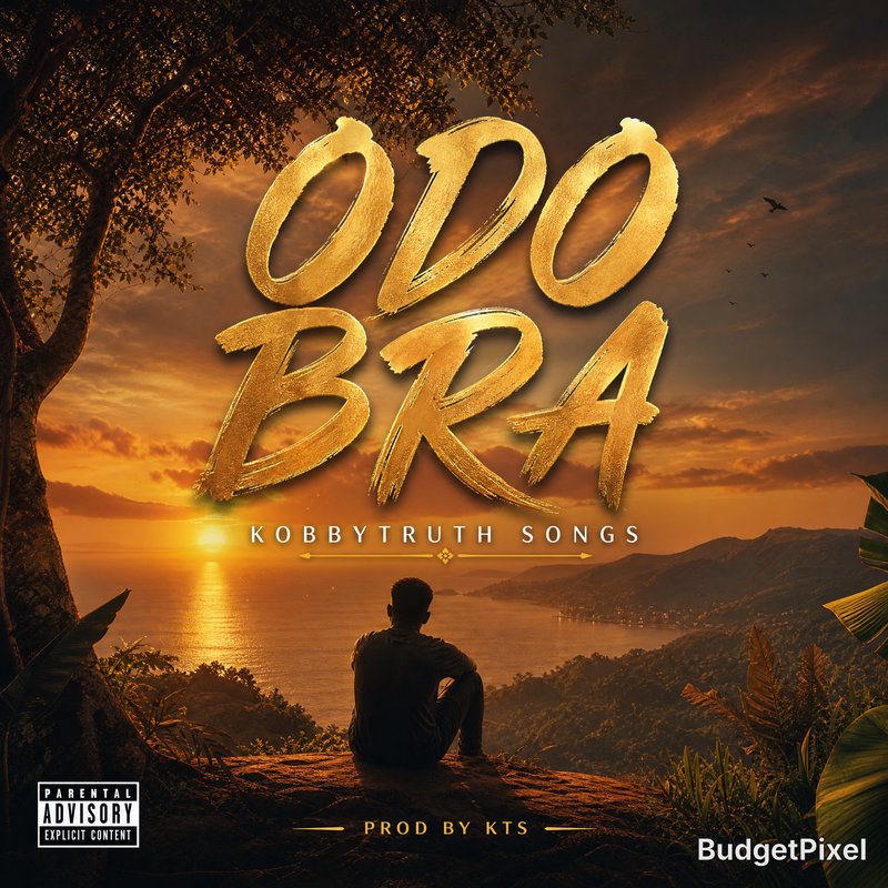 Golden brushstroke title “ODO BRA” over a sunset coastal cliff with a silhouetted person sitting and a dramatic sky.