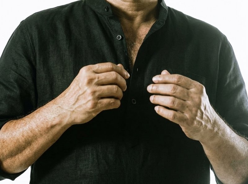 Close-up of a man in a black shirt buttoning the top buttons.