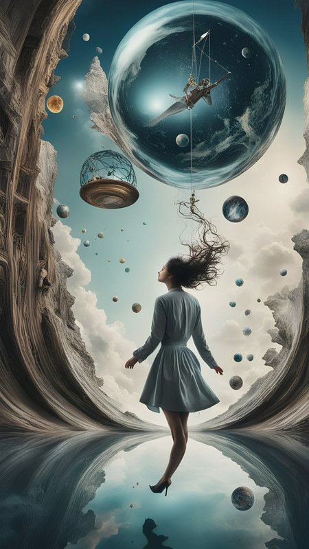 Surreal fantasy scene of a floating woman gazing up at celestial orbs and a tiny ship inside a gi...