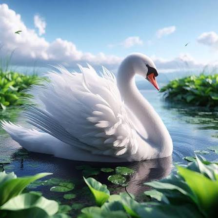Elegant fluffy white mute swan floating on a calm lily pad pond under a bright sunny blue sky
