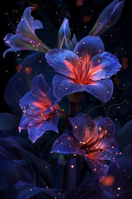 Glowing deep blue amaryllis blooms with warm red inner light and floating sparkles against a dark...