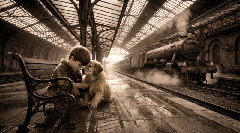 Sepia-toned image of a boy on a bench at a train station with a golden retriever beside him.
