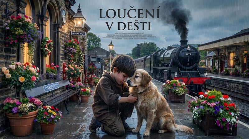 A young boy kneels in the rain at a vintage train station, hugging a golden retriever beside a ar...