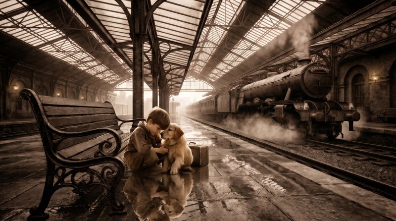 Child sits with a dog on a wet train platform at a vintage station, with a steam locomotive in th...