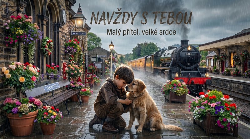 A young boy comforts a golden retriever on a rain-soaked train platform with a steam locomotive i...