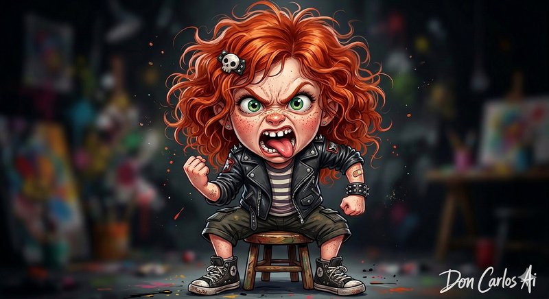 Angry chibi girl with curly red hair, leather jacket, and sneakers, sitting on a wooden stool in ...
