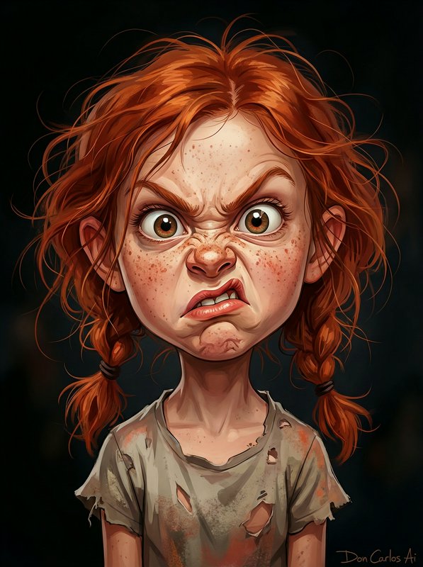Angry red-haired girl with braided pigtails and freckled skin in a torn shirt.