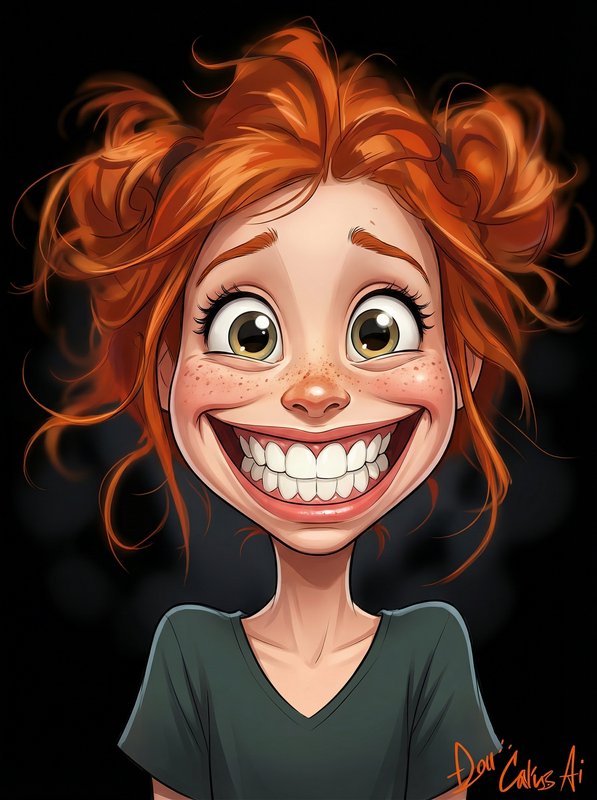 Caricature-style cartoon of a red-haired girl with a huge grin and freckles against a dark backgr...