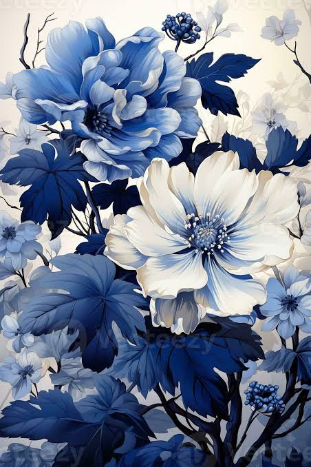 Large blue and white peony blooms paired with deep blue foliage against a soft pale cream background