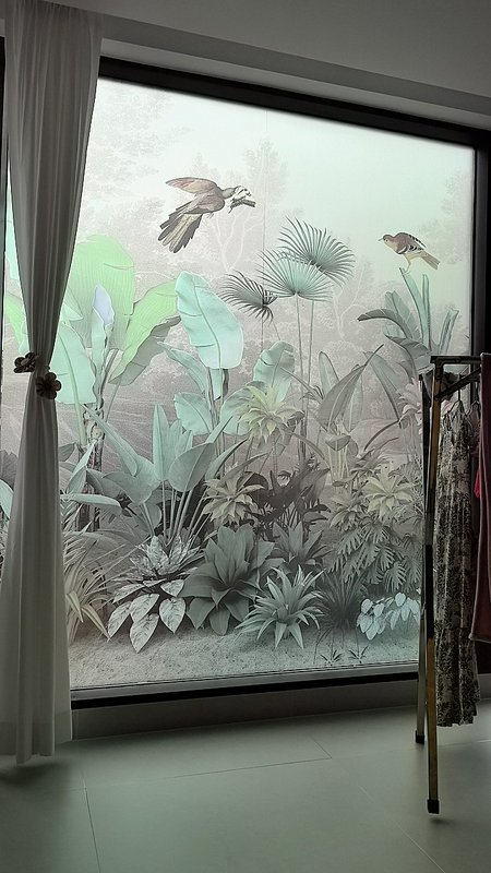 Indoor room with a large frosted window decal of tropical plants and two birds.