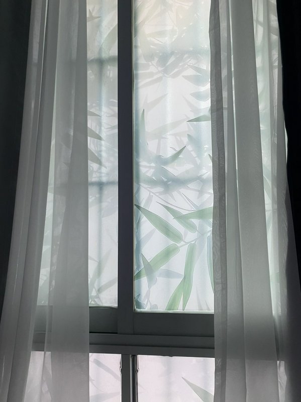 Window with sheer white curtains revealing bamboo leaves outside.