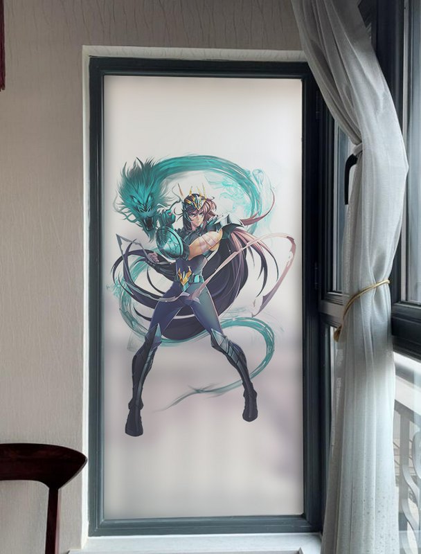 Framed anime-style hero with teal energy swirling around on a frosted window panel.