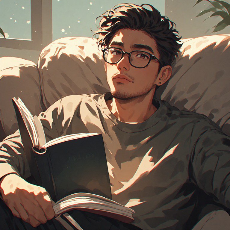 Illustration of a young man with glasses lounging on a couch and reading a book.