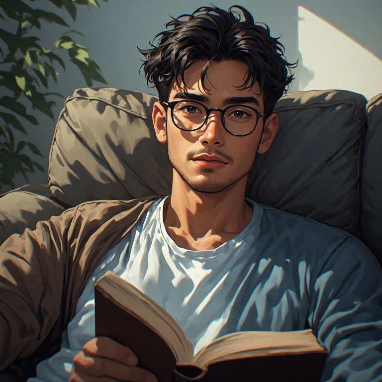 Illustration of a young man with glasses lounging in a chair, reading a book.