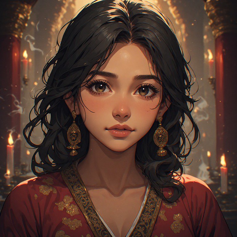 Portrait of a young woman with dark wavy hair, gold earrings, and a red embroidered dress under c...