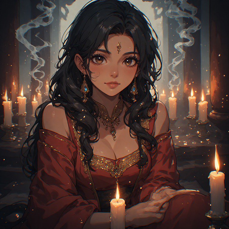 Fantasy portrait of a regal woman with dark hair in an ornate red gown among candlelight.