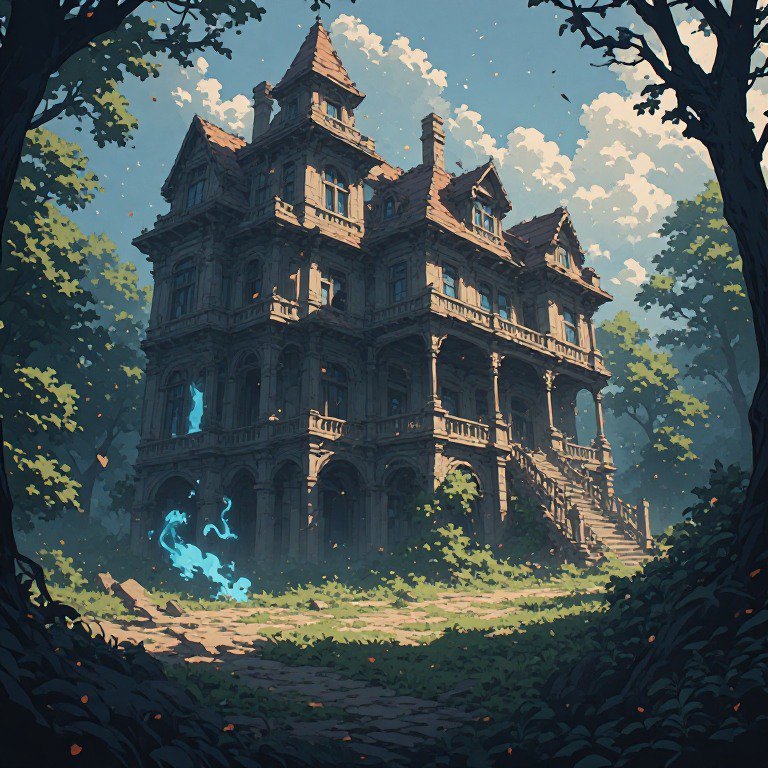 Ornate Victorian-style mansion in a sunlit forest clearing with ghostly blue figures.