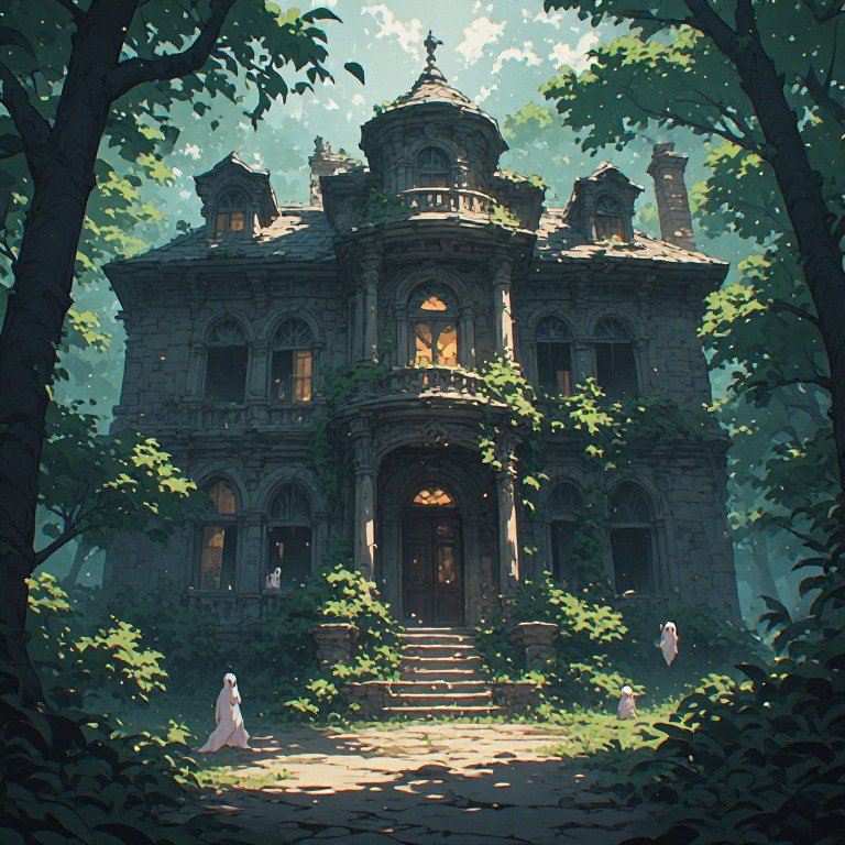Overgrown gothic mansion in a dense forest with stone steps and spectral figures.