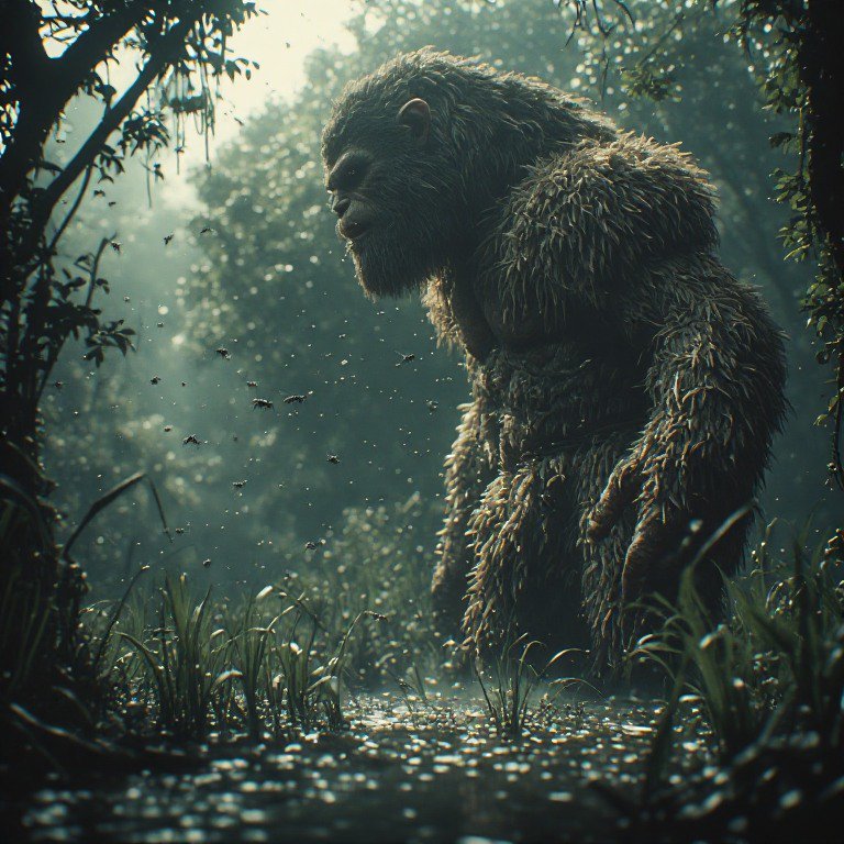 Tall Bigfoot in a misty forest clearing near a swamp, covered in shaggy fur.