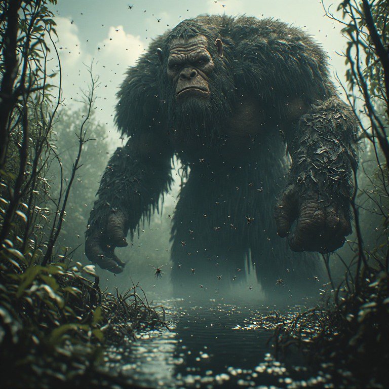 Massive, hairy ape-like creature stomping through a misty swamp with dense foliage.