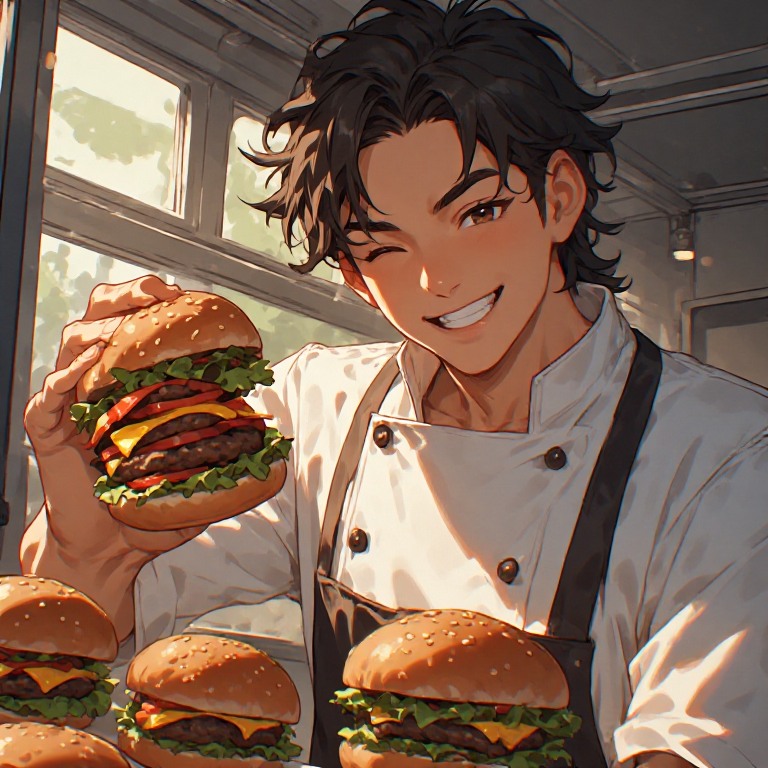 Smiling anime chef in a white jacket and apron holding a large hamburger.