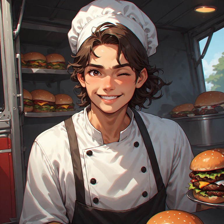 Smiling young chef in a white uniform and chef hat inside a burger food truck with burgers on display.