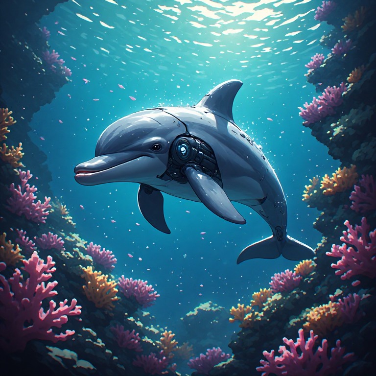Robotic dolphin gliding through a vibrant underwater coral reef.