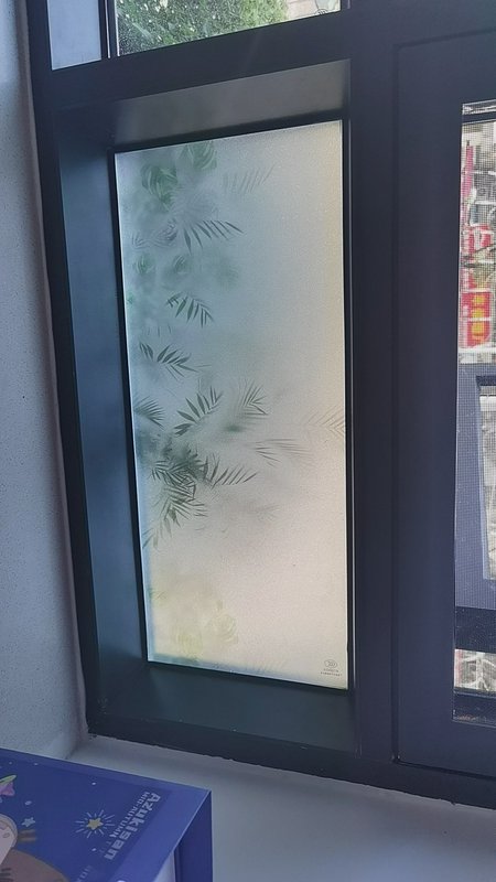 Frosted glass window with subtle tropical palm leaf pattern in a dark frame.