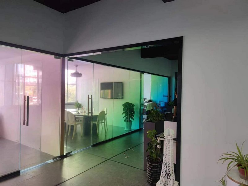 Modern glass-walled office with rainbow-tinted partitions and indoor plants