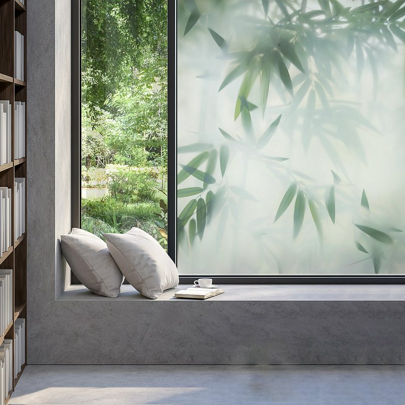 Modern concrete reading nook with window seat, cushions, and frosted glass showing bamboo leaves.