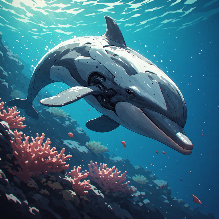 Stylized underwater scene with a large gray dolphin-like creature swimming above pink coral.