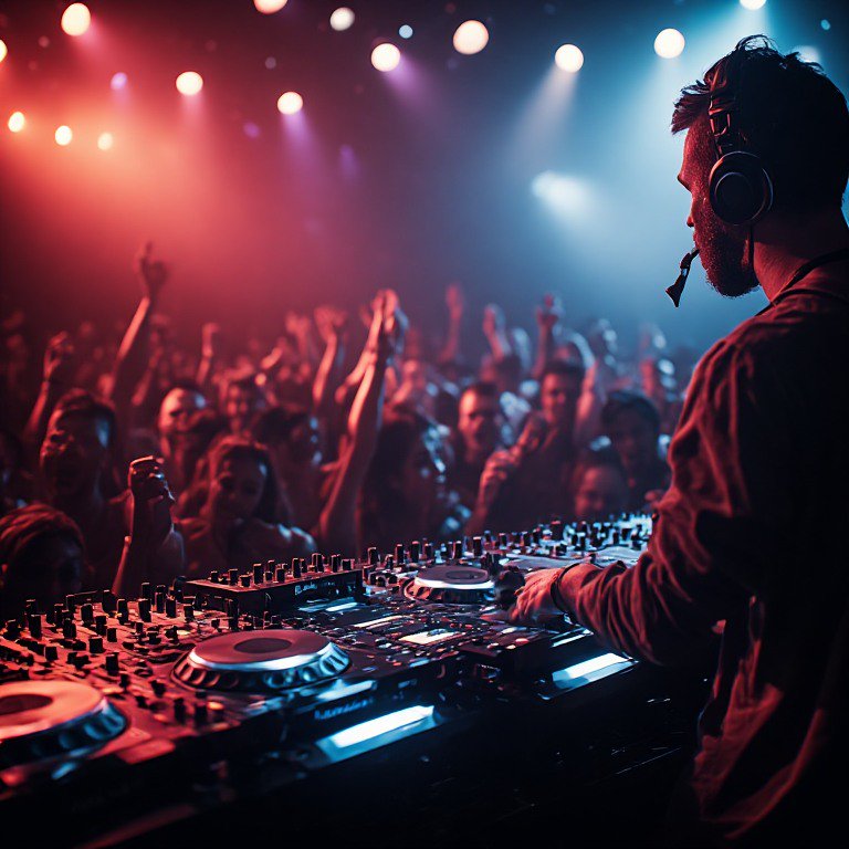 DJ wearing headphones at a mixing console in a crowded nightclub with colorful stage lights.