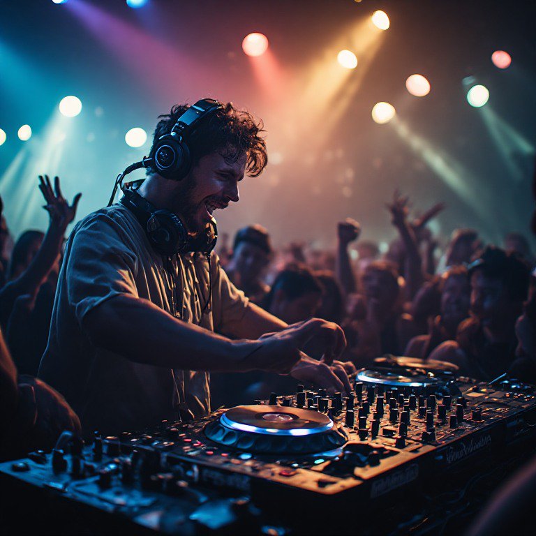 DJ wearing headphones performing at a club with mixers and colorful stage lights.