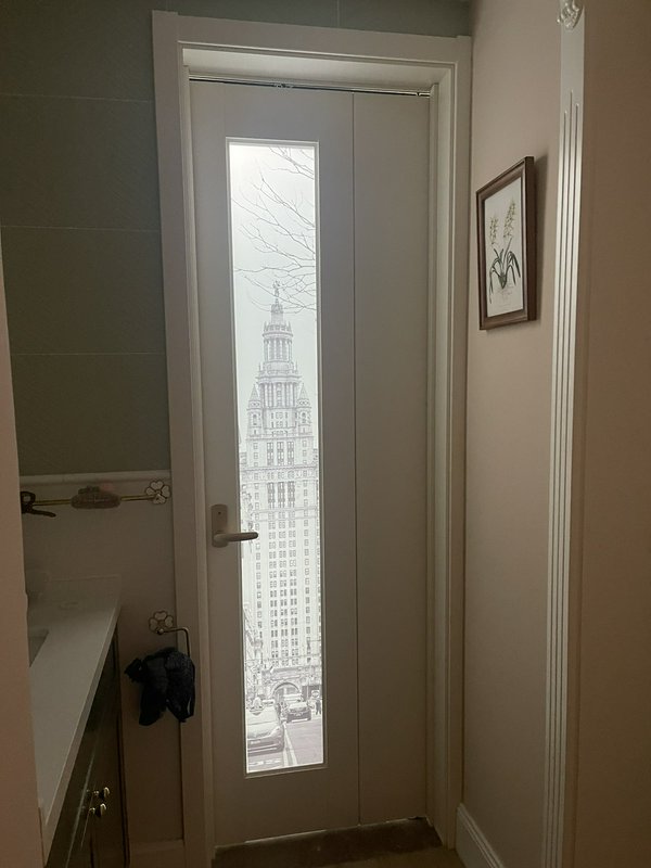 White interior door with a tall vertical glass panel showing a city building view.