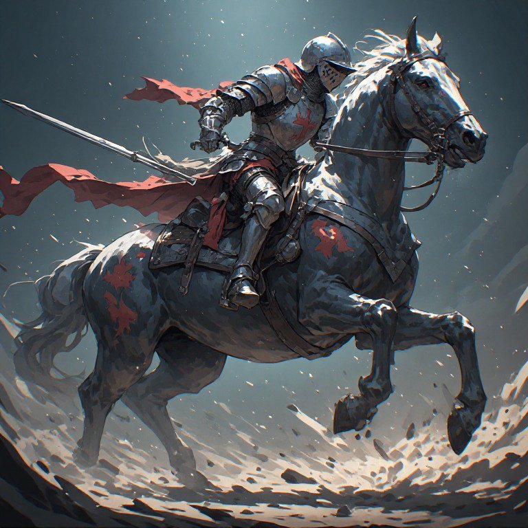 Armored knight on a charging horse with a red cape in a snowy battle scene.