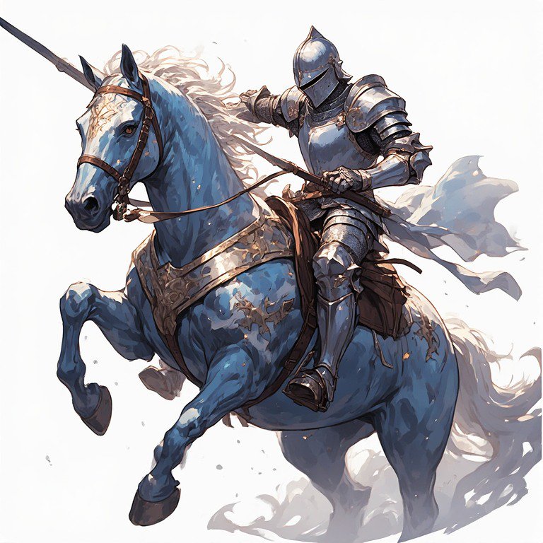 Armored knight on a blue rearing horse, wielding a lance in a dynamic fantasy battle scene.