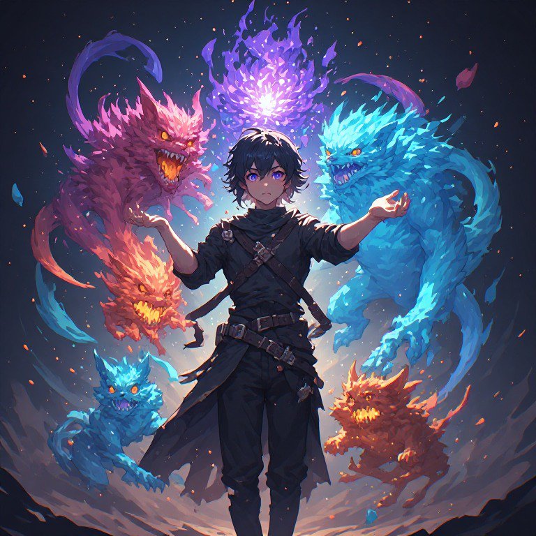 A dark-clad young mage stands center with five glowing elemental dragons around him in vibrant co...