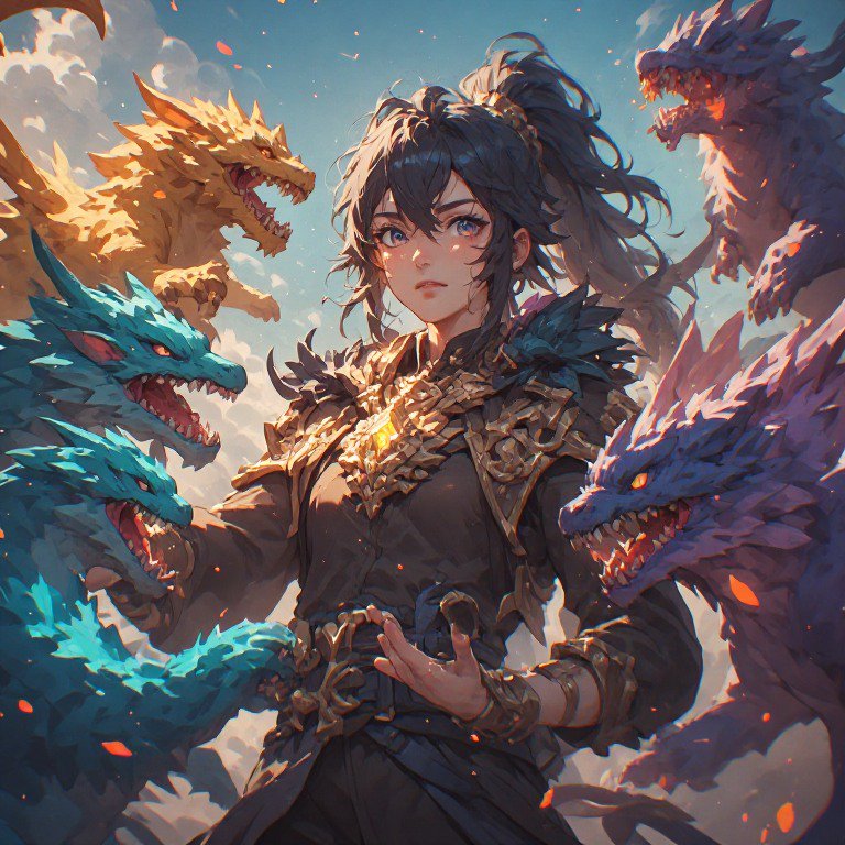 Female fantasy warrior in ornate armor surrounded by colorful dragon heads.