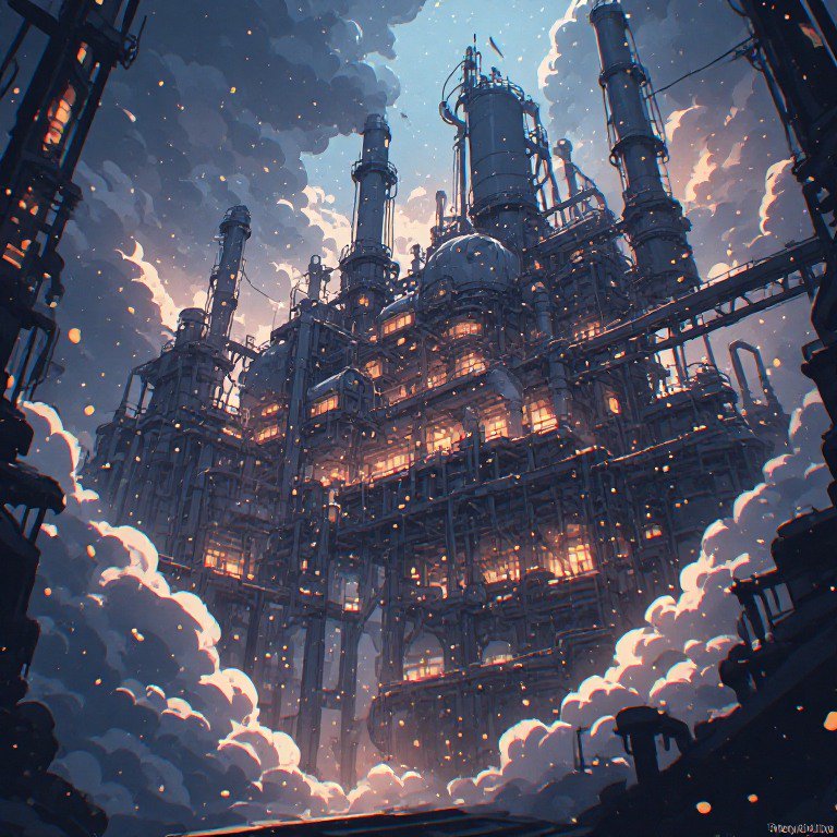 A towering steampunk industrial fortress rises among clouds with glowing amber windows.