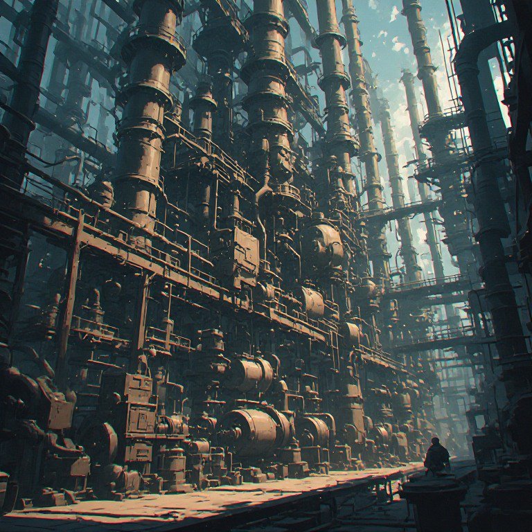Massive rusted industrial plant with towering pipes and heavy machinery in a dim, moody interior