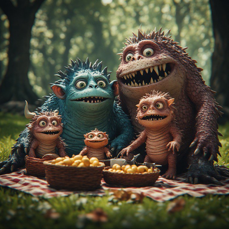 Whimsical family of colorful fantasy creatures having a picnic in a forest.