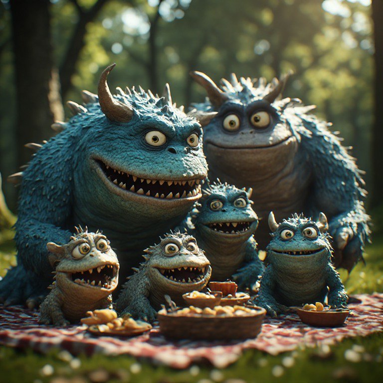 Group of blue, spiky ogre-like creatures having a picnic in a forest.