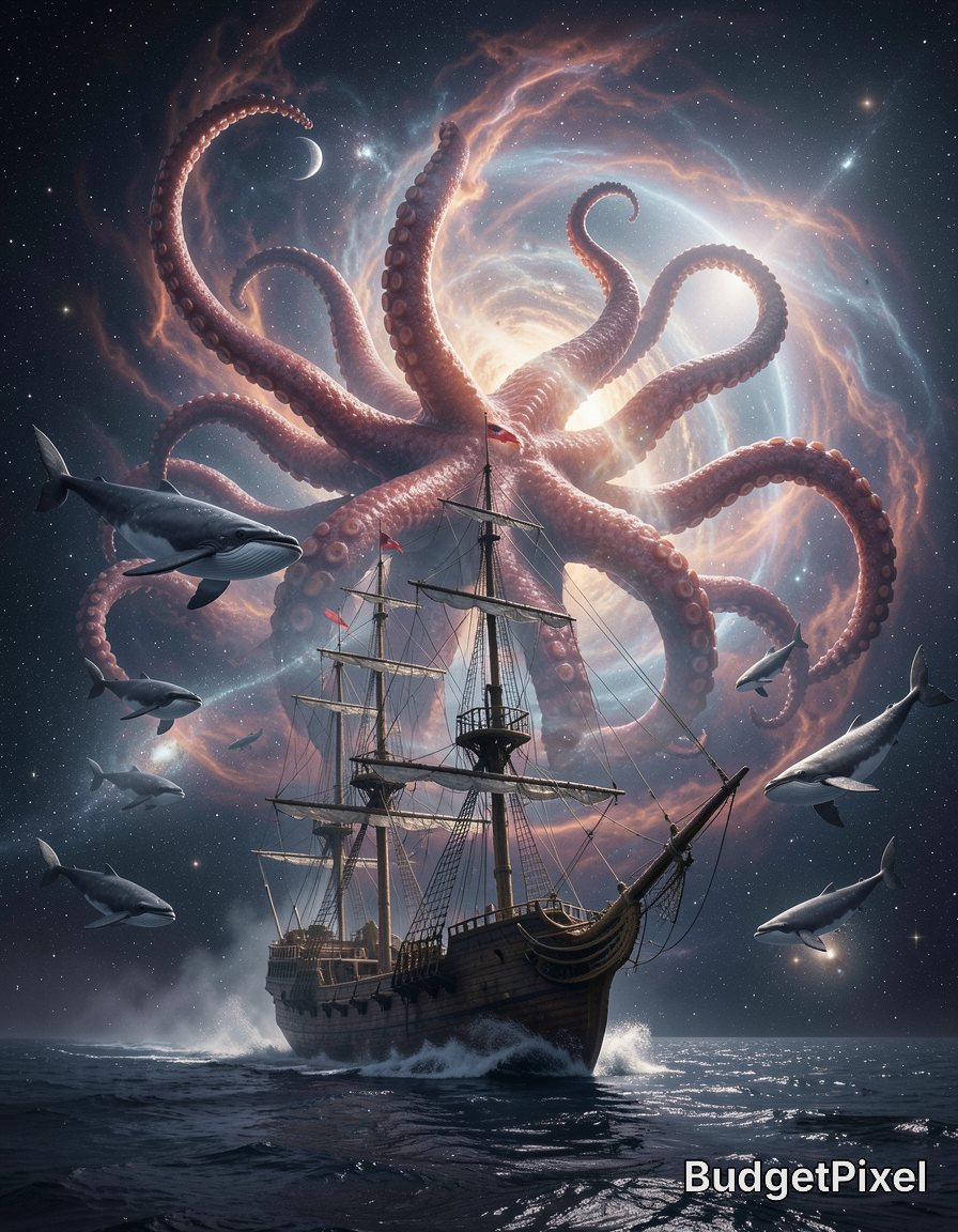 Old sailing ship battling a colossal tentacled monster in space above the sea.