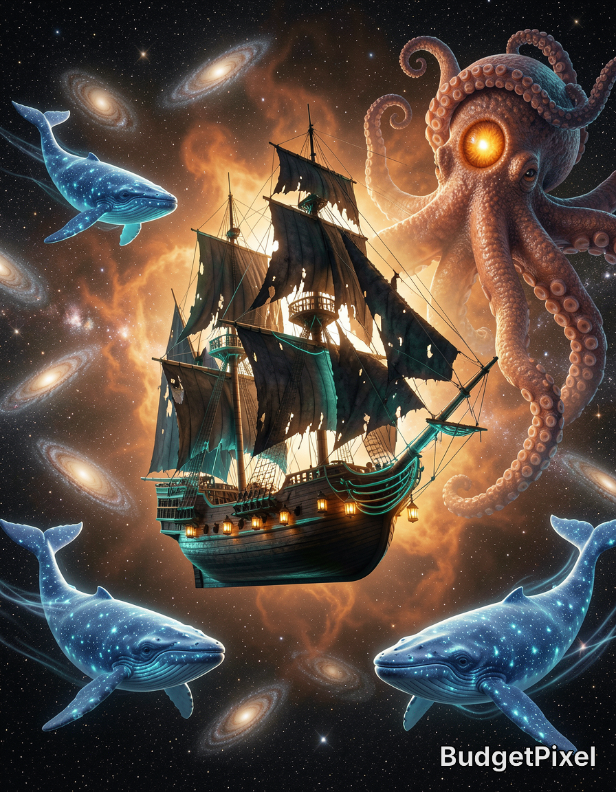 Pirate ship in space surrounded by a glowing octopus and two blue whales, with galaxies in the background.