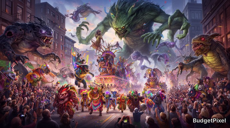 Colorful parade of giant monsters and costumed creatures marching through a city street.