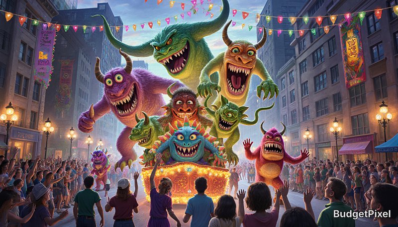 Colorful friendly monsters parade through a city street at night with cheering crowd