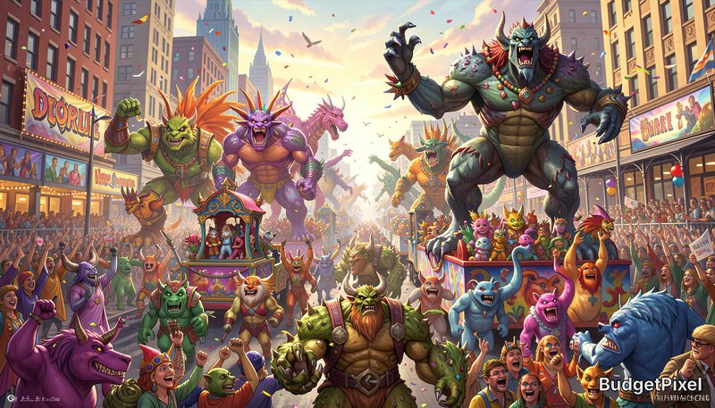 Colorful fantasy parade of orcs and monsters marching through a city street